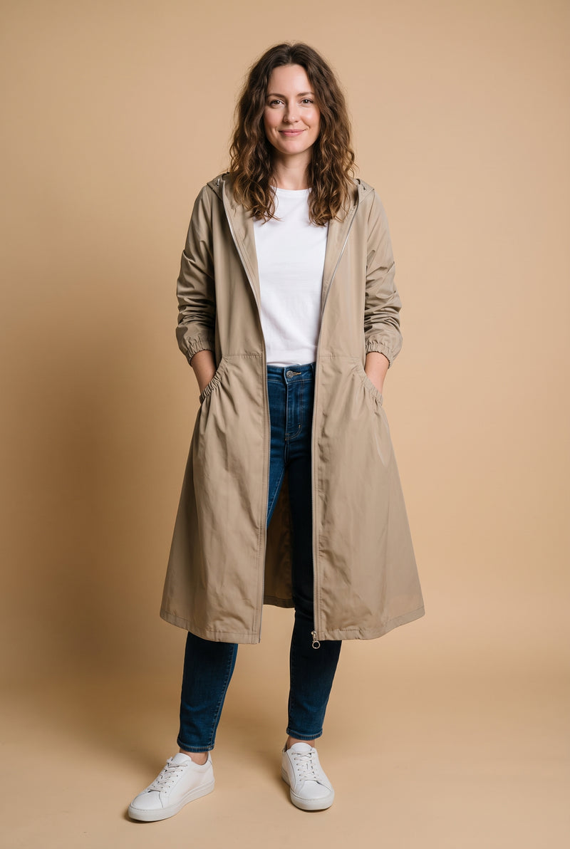 Women's Raincoat Long Elegant in Beige — studio front