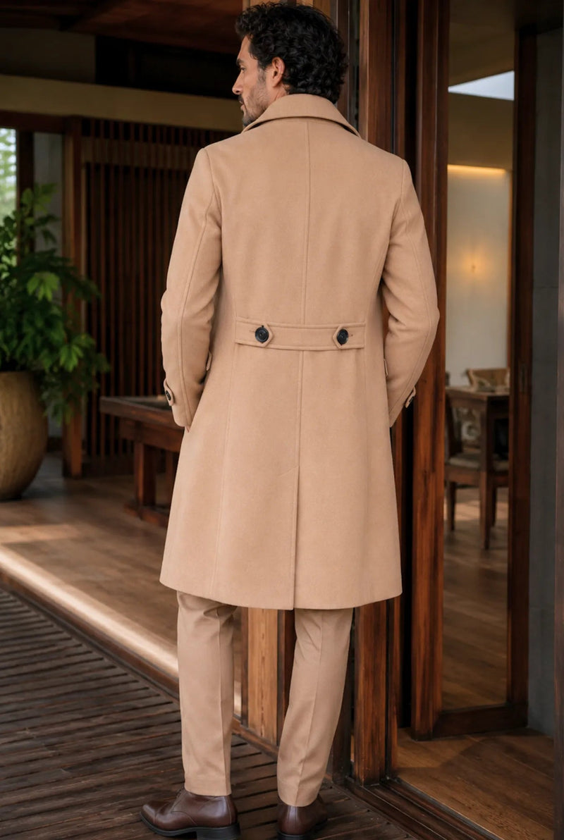 Wool-Blend Double-Breasted Overcoat in Beige — back