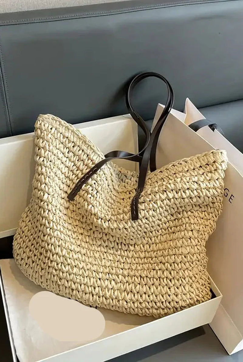 Woven Oversized Tote Bag in Beige — front view
