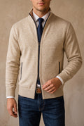 Zip-Front Knit Cardigan in Beige — studio front