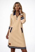 Zip-Front Polo Sweater Dress in Beige — front view