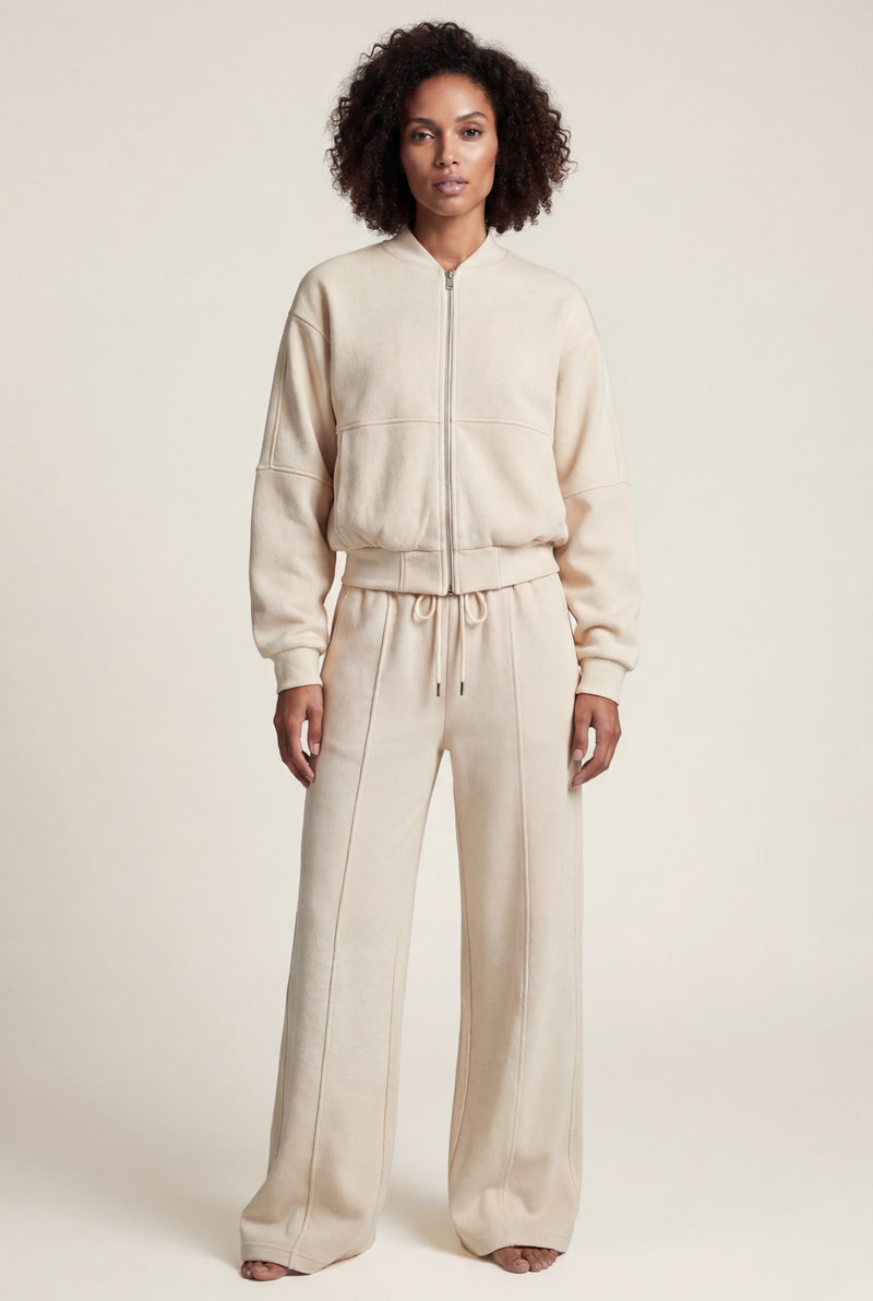 Beige Zip-up Bomber Jacket Wide-leg Tracksuit Set - Photo 1
