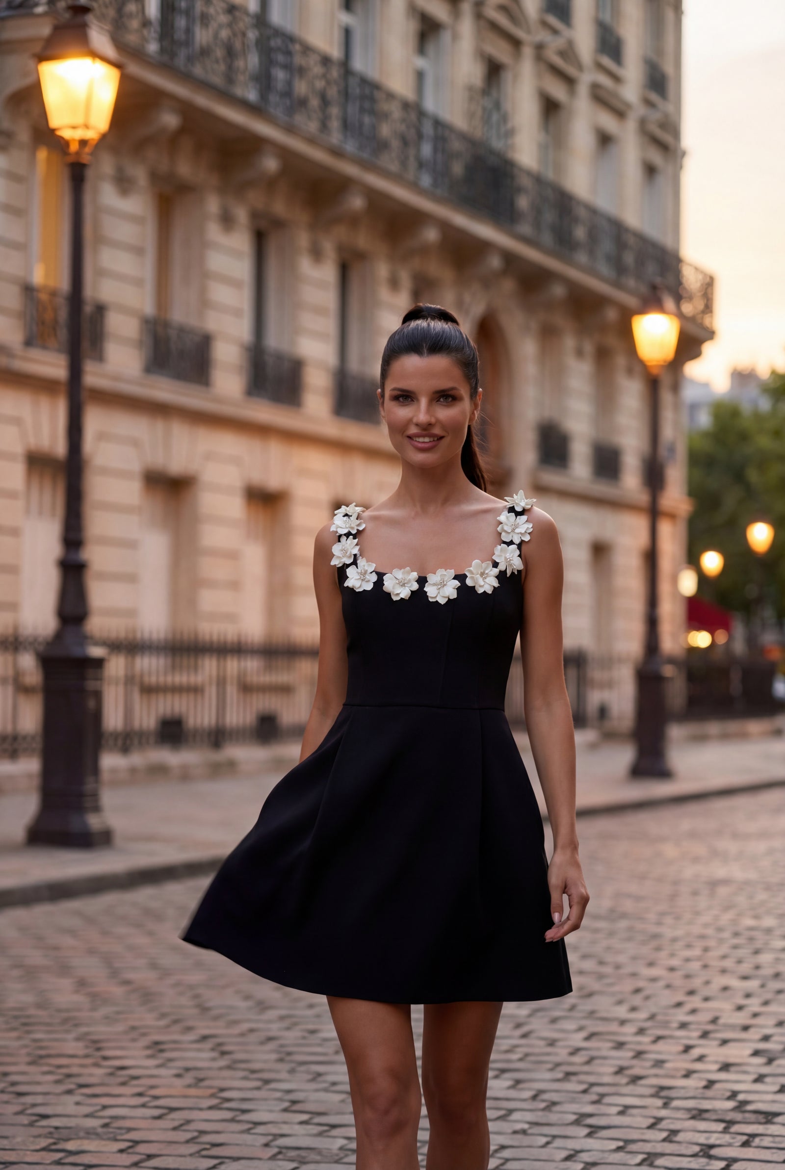 Black 3d Floral Applique A-line Mini Dress with Scoop Neckline - Photo 5