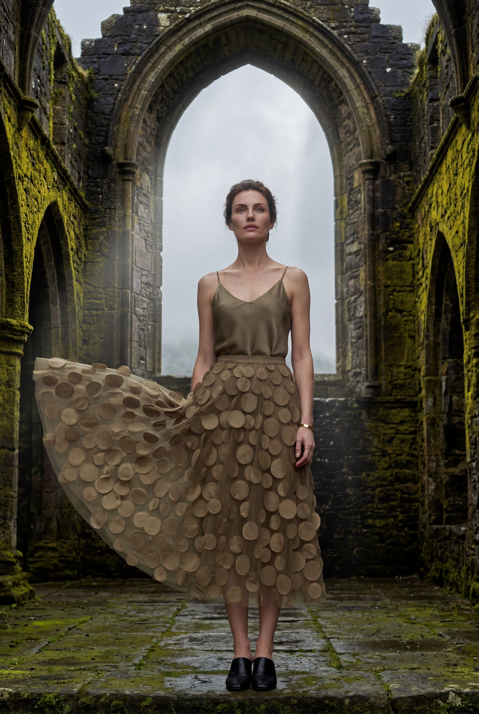 Khaki 3d Polka Dot Applique A-line Midi Skirt - Tulle skirt - Photo 14