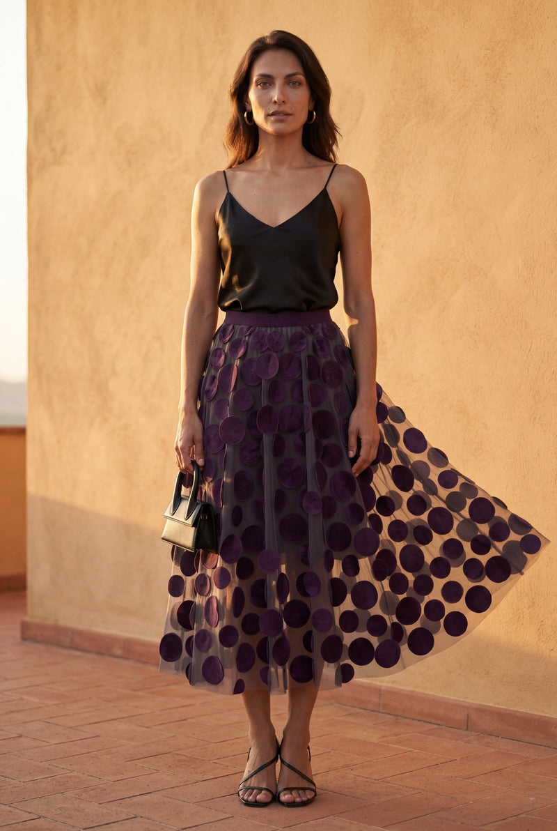 Purple 3d Polka Dot Applique A-line Midi Skirt - Tulle skirt - Photo 3
