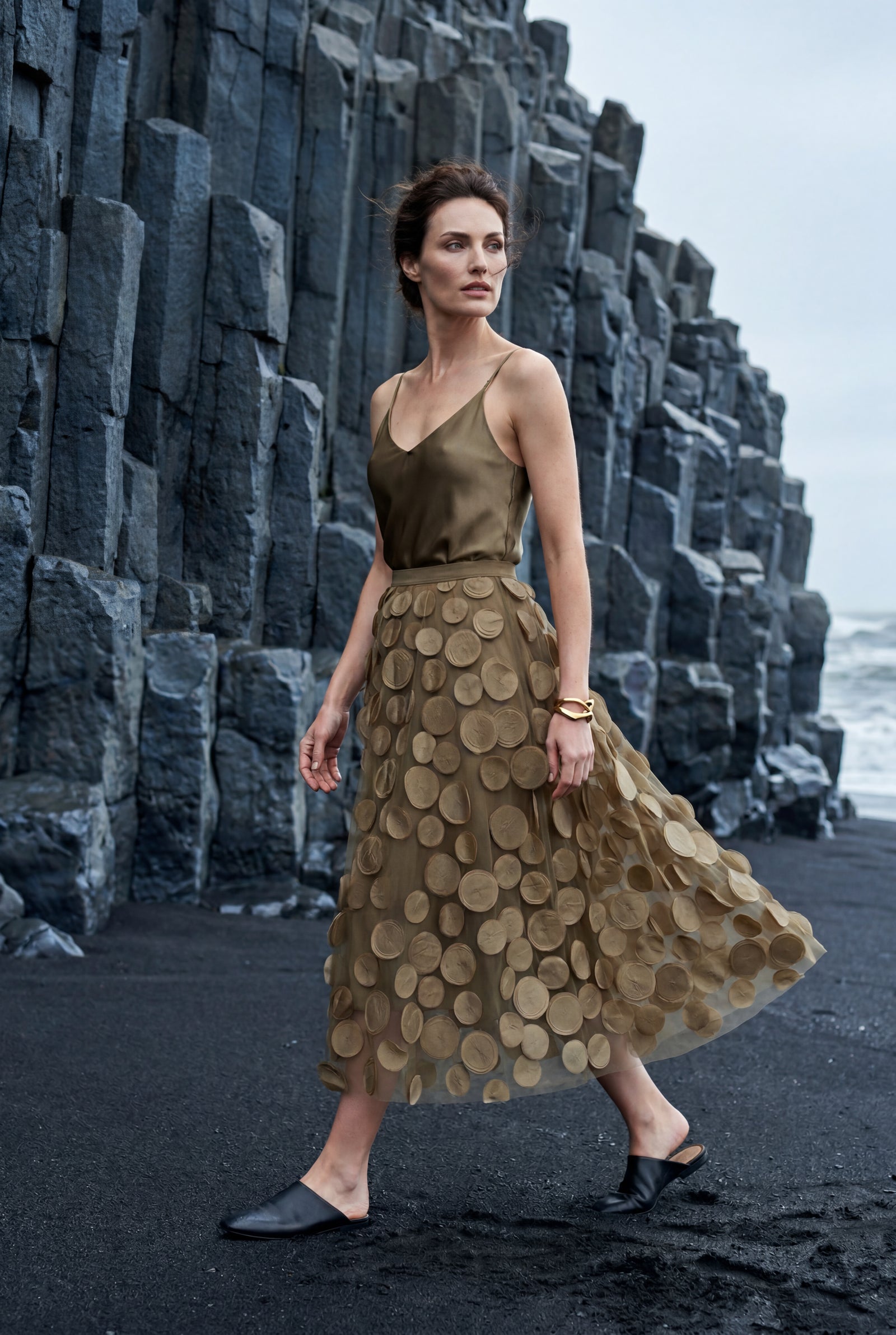 Khaki 3d Polka Dot Applique A-line Midi Skirt - Tulle skirt - Photo 8