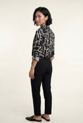 Black Abstract Print Button-up Blouse with Roll-tab Sleeves - Blouses - Photo 2