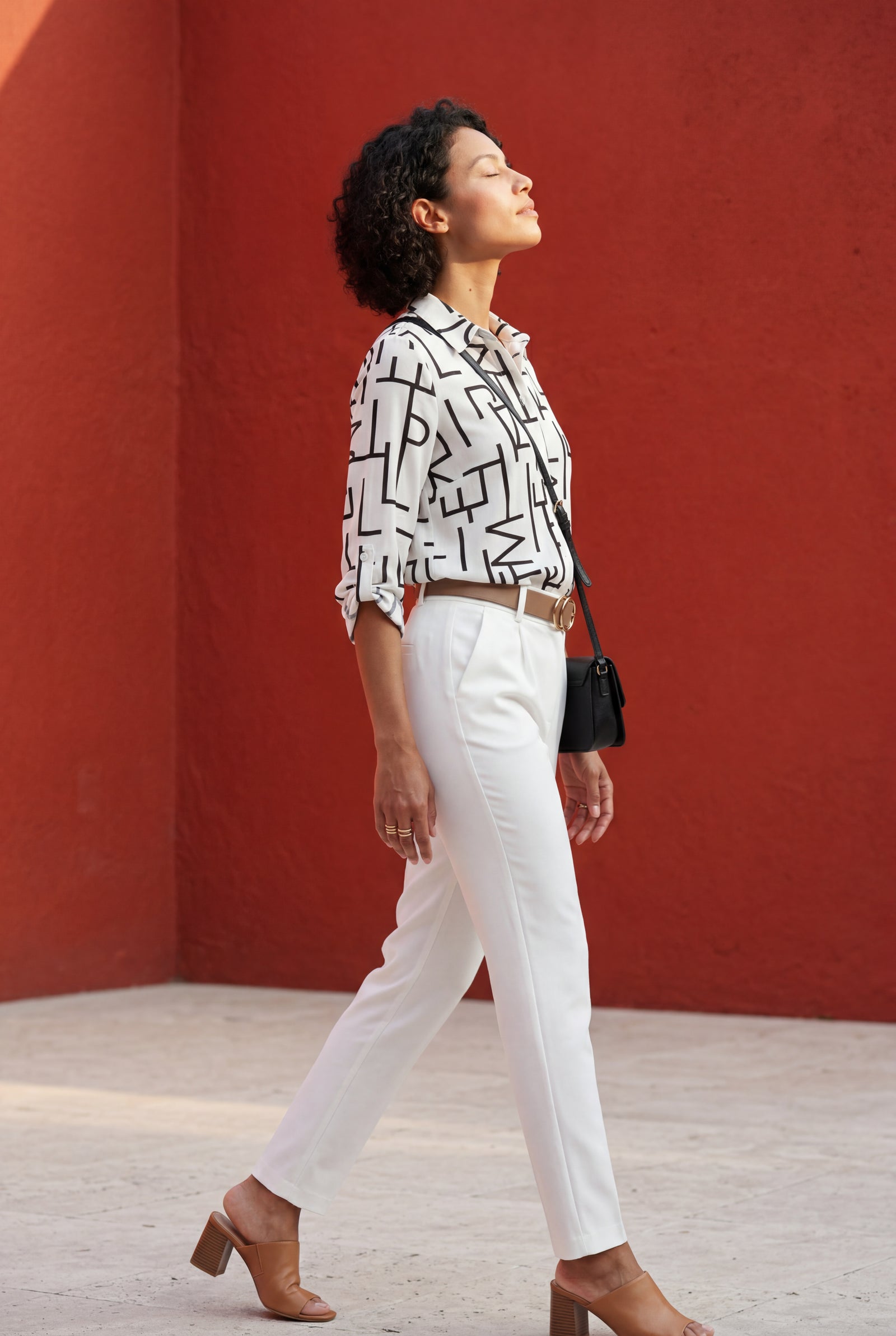 White Abstract Print Button-up Blouse with Roll-tab Sleeves - Blouses - Photo 5