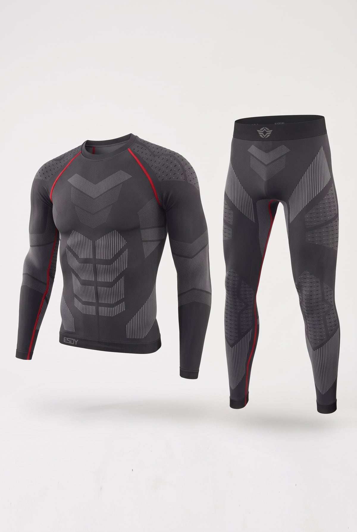 Stretch Knit Base Layer Set in Black and Red — studio front