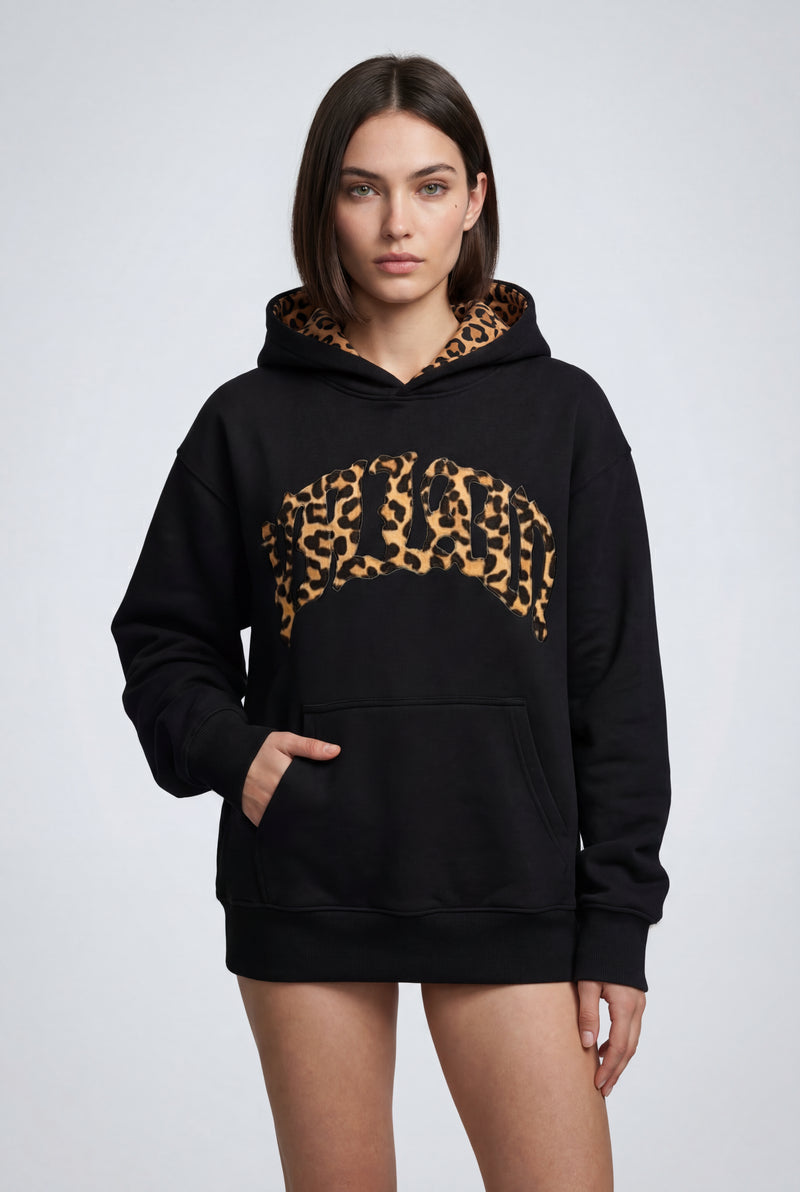 Black Animal Print Appliqué Relaxed Fit Casual Hoodie - Photo 2