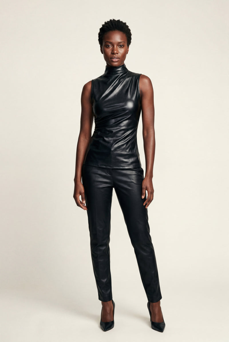 Black Asymmetrical High Neck Faux Sleeveless Top - Photo 1