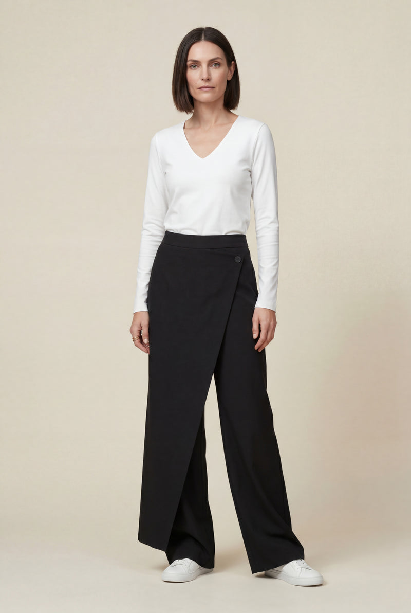 Black Asymmetrical Wrap Front Wide Leg Trousers - Photo 1