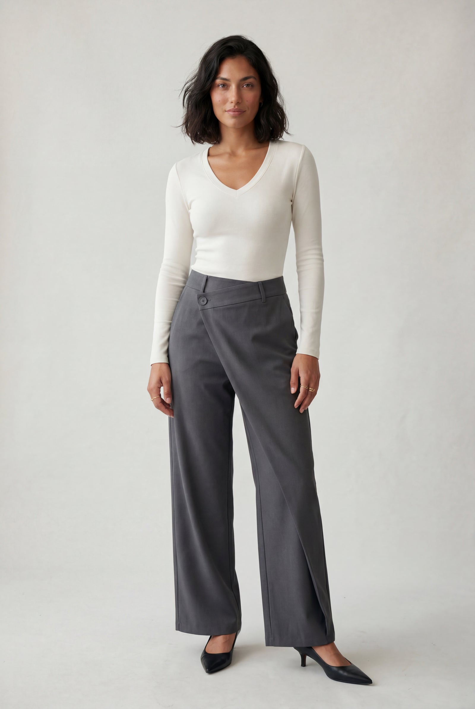 Gray Asymmetrical Wrap Front Wide Leg Trousers - Photo 7