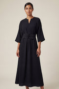 Black Belted Bell Sleeve Midi Maxi Dress with Notched V-neck - Photo 6