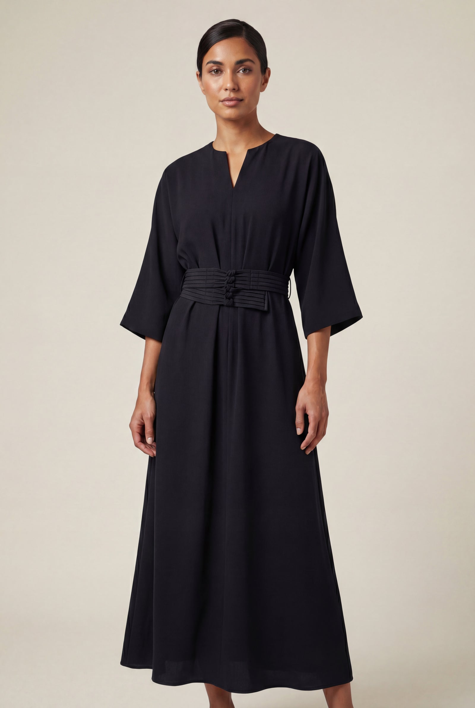 Black Belted Bell Sleeve Midi Maxi Dress with Notched V-neck - Photo 6