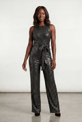 Black Belted Sleeveless Wide-leg Jumpsuit - Sequin jumpsuit - Photo 1
