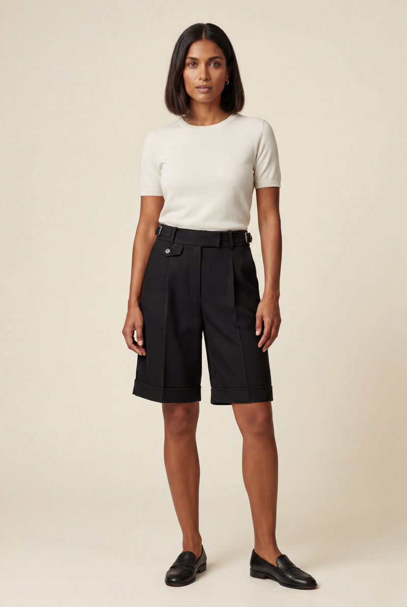 Black Belted Tailored Black Knee-length Bermuda Shorts - Casual shorts - Photo 1