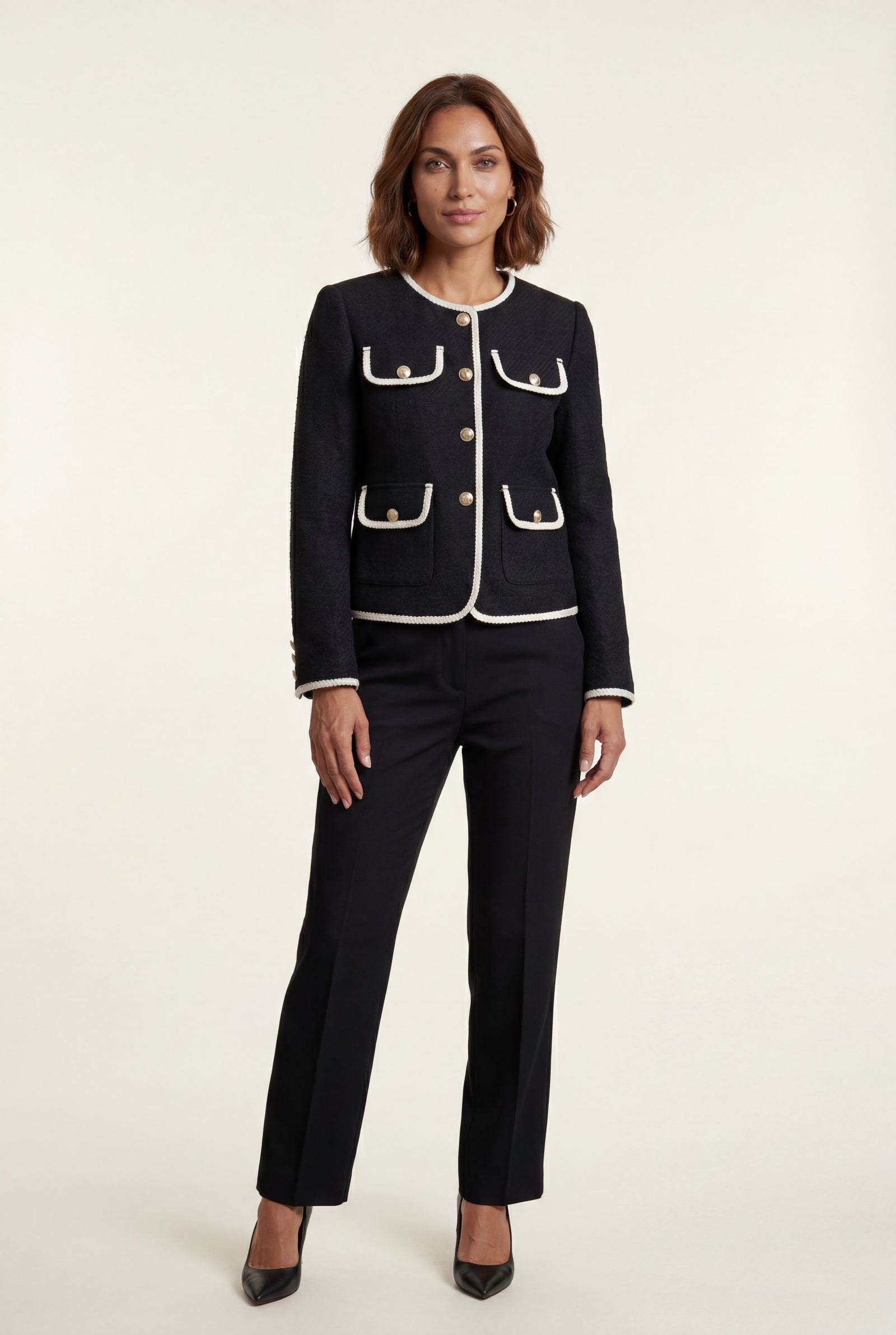 Black Black Bouclé Trim Button-front Cropped Jacket - Casual jackets - Photo 1