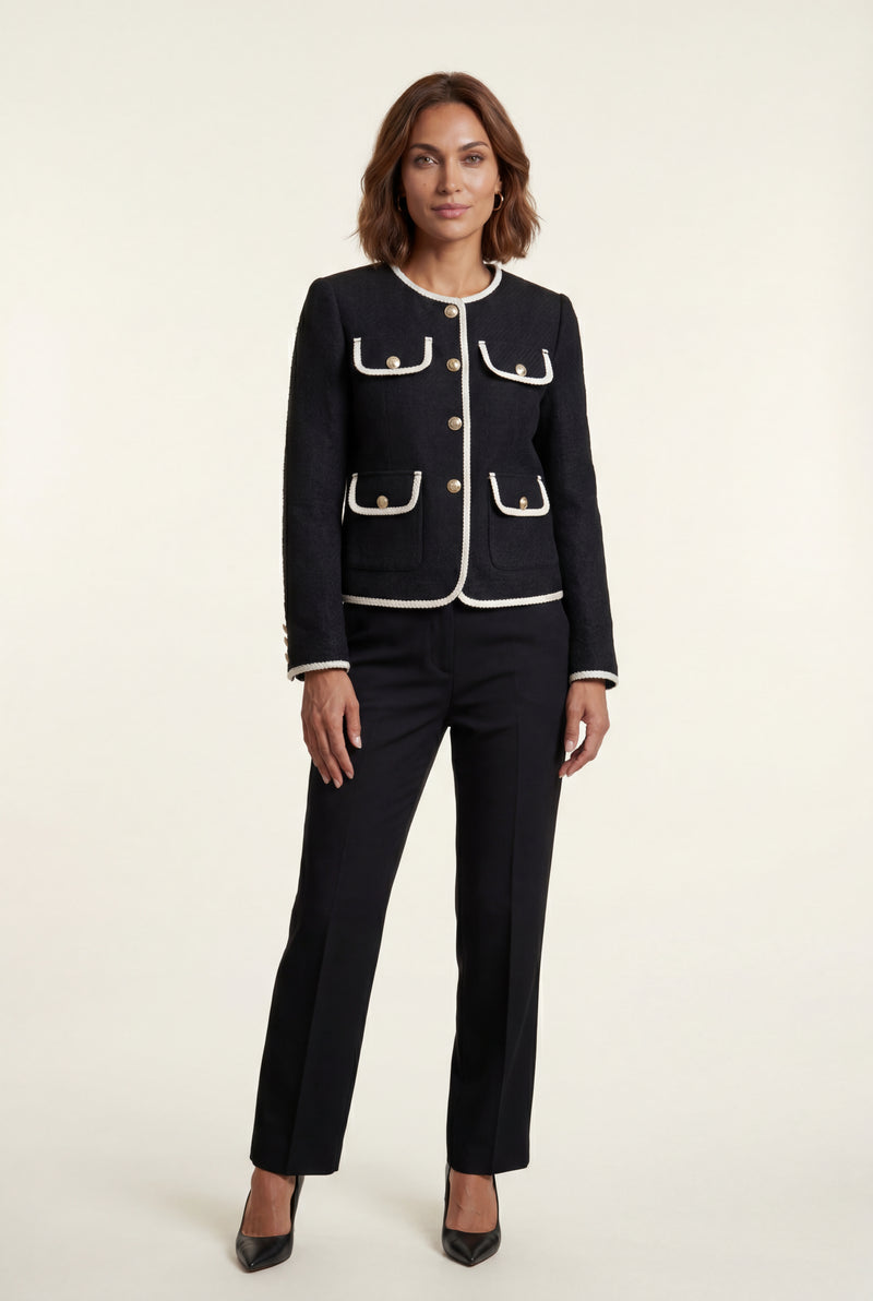 Black Black Bouclé Trim Button-front Cropped Jacket - Casual jackets - Photo 1