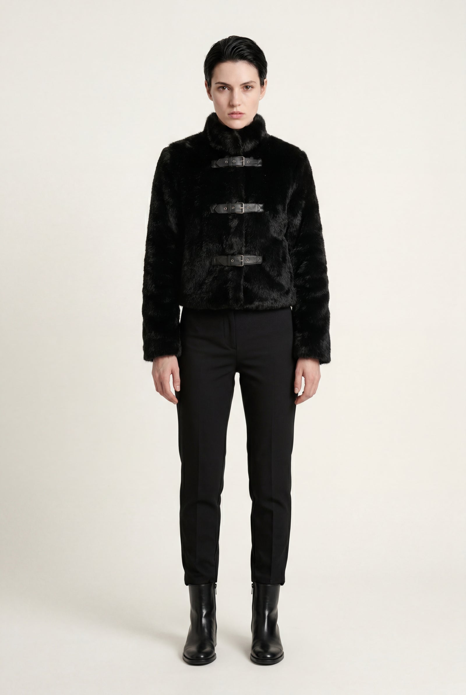 Black Black Buckle Strap Cropped Faux Fur Jacket - Cropped jackets - Photo 1