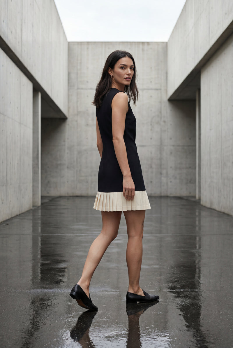 Black Black Contrast Pleated Hem Sleeveless A-line Mini Dress - Photo 4