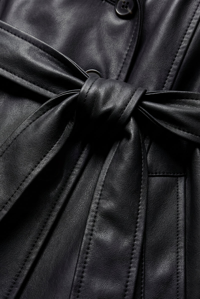 Black Black Double-breasted Belted Faux Trench Coat - Trench coats - Photo 4