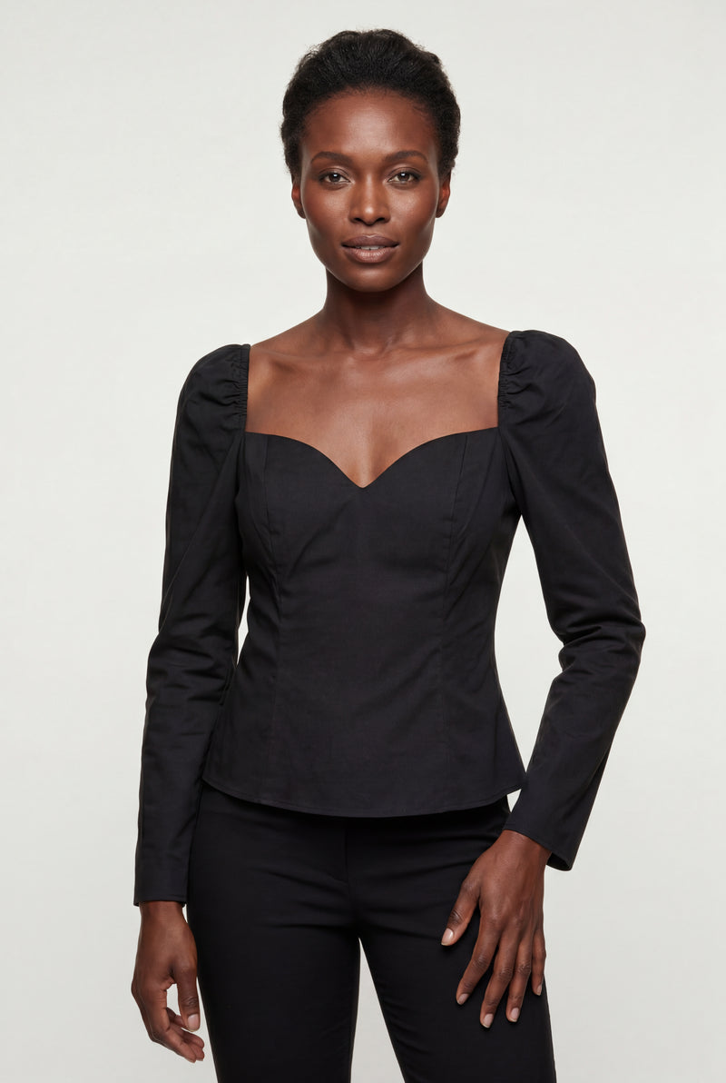 Black Black Long Sleeve Sweetheart Neck Fitted Bodysuit - Bodysuits - Photo 1