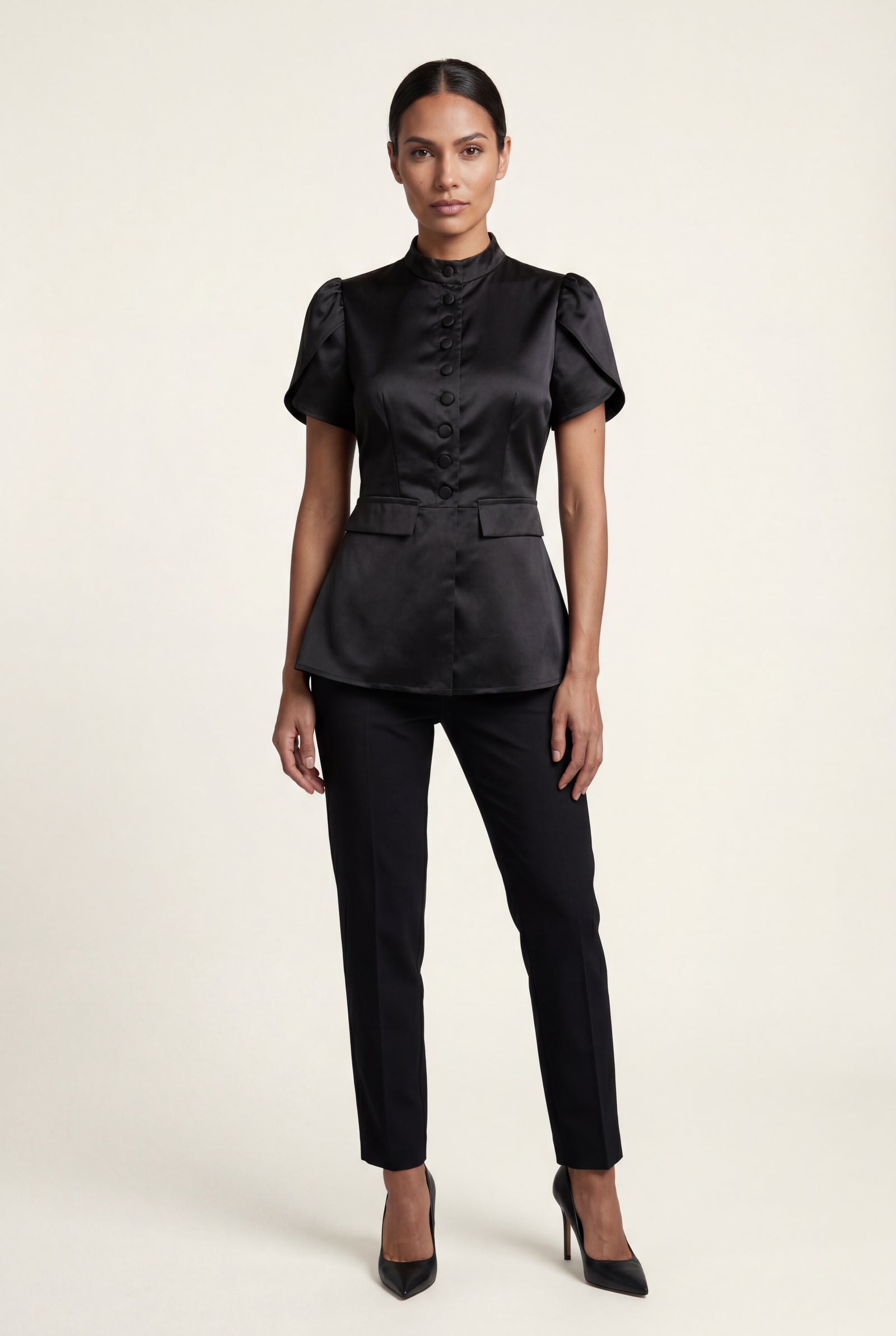 Black Black Mandarin Collar Fitted Short Sleeve Blouse - Fitted blouse - Photo 1