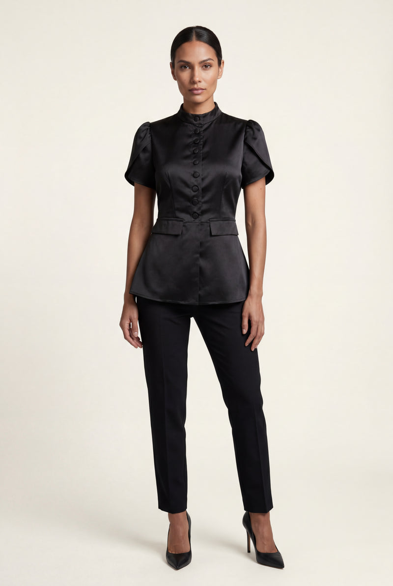 Black Black Mandarin Collar Fitted Short Sleeve Blouse - Fitted blouse - Photo 1