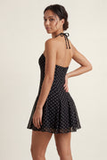 Black Black Polka Dot Halter Mini Dress with Flared Skirt - Photo 2
