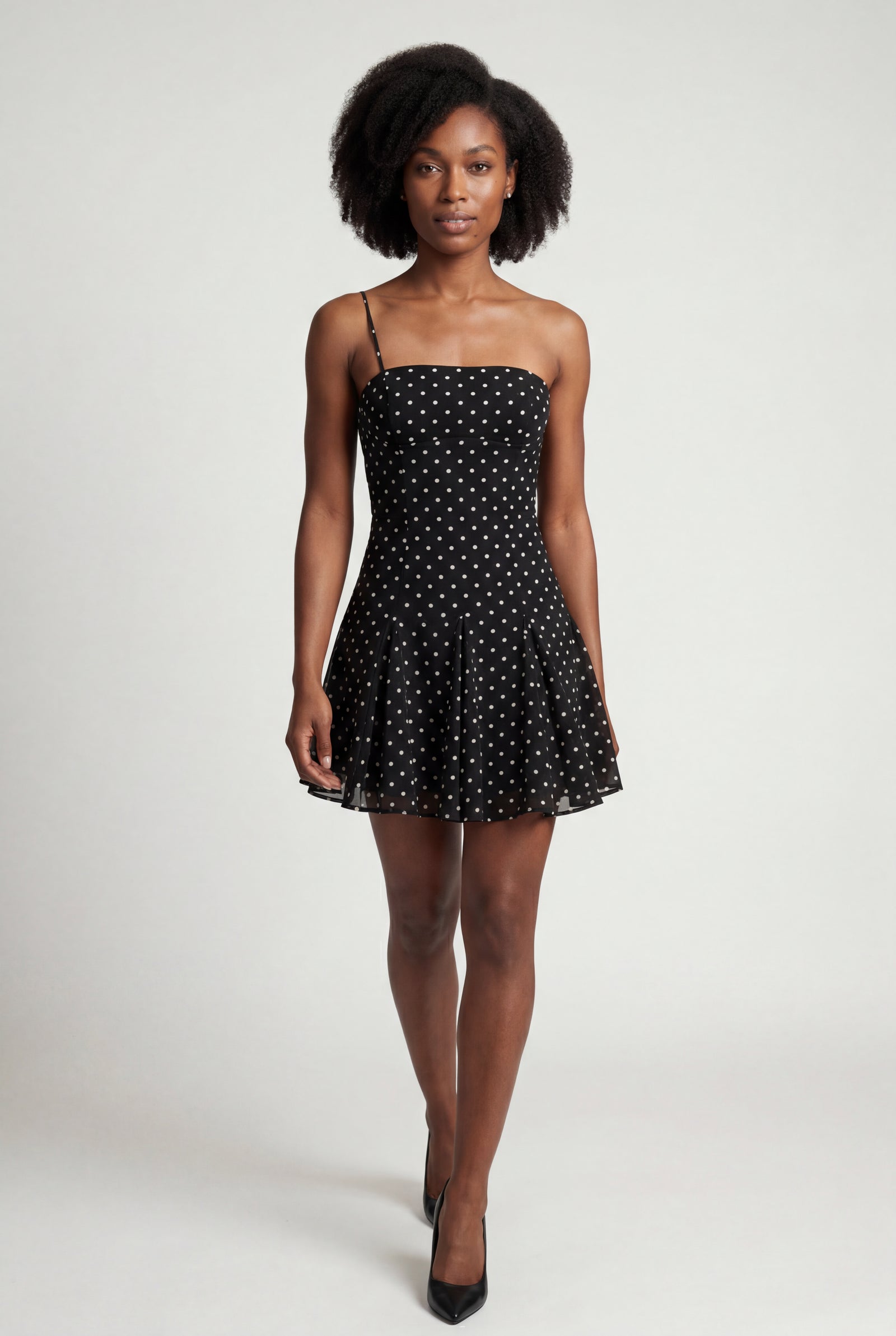 Black Black Polka Dot Halter Mini Dress with Flared Skirt - Photo 5