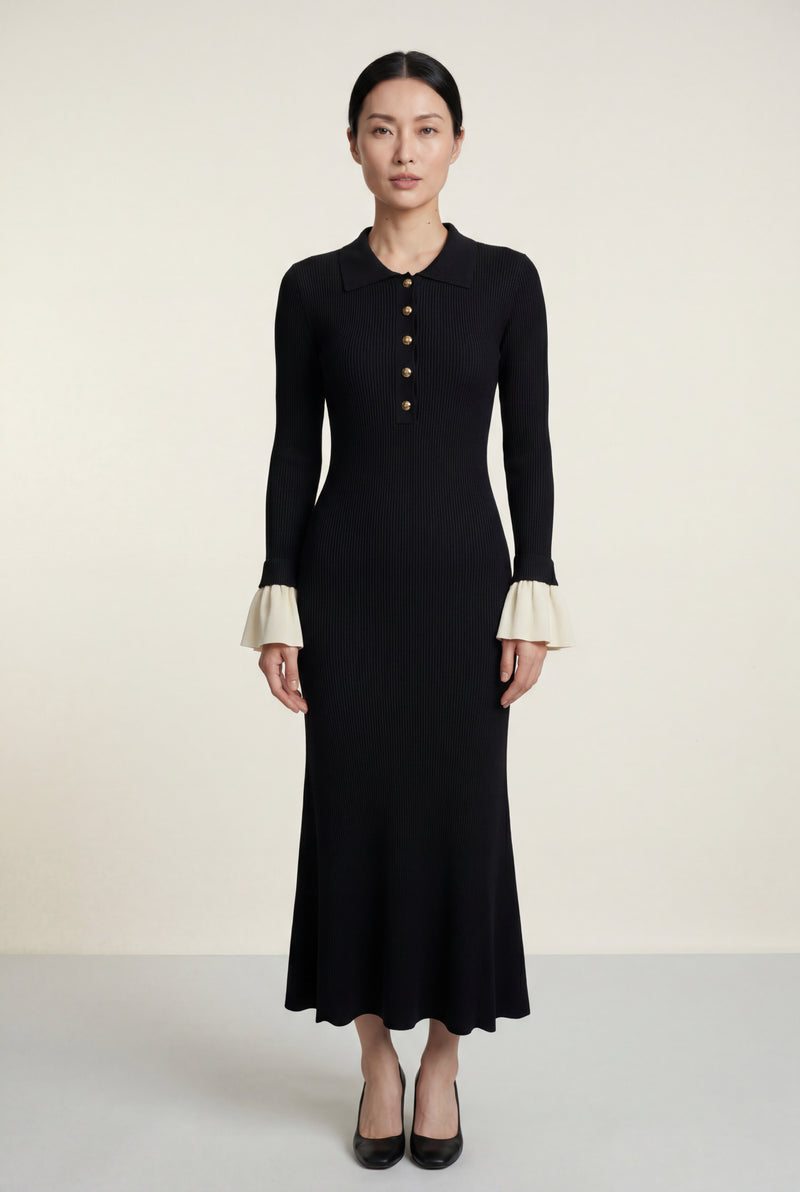 Black Black Ribbed Maxi Dress with Dramatic Contrast Cuffs - Photo 1