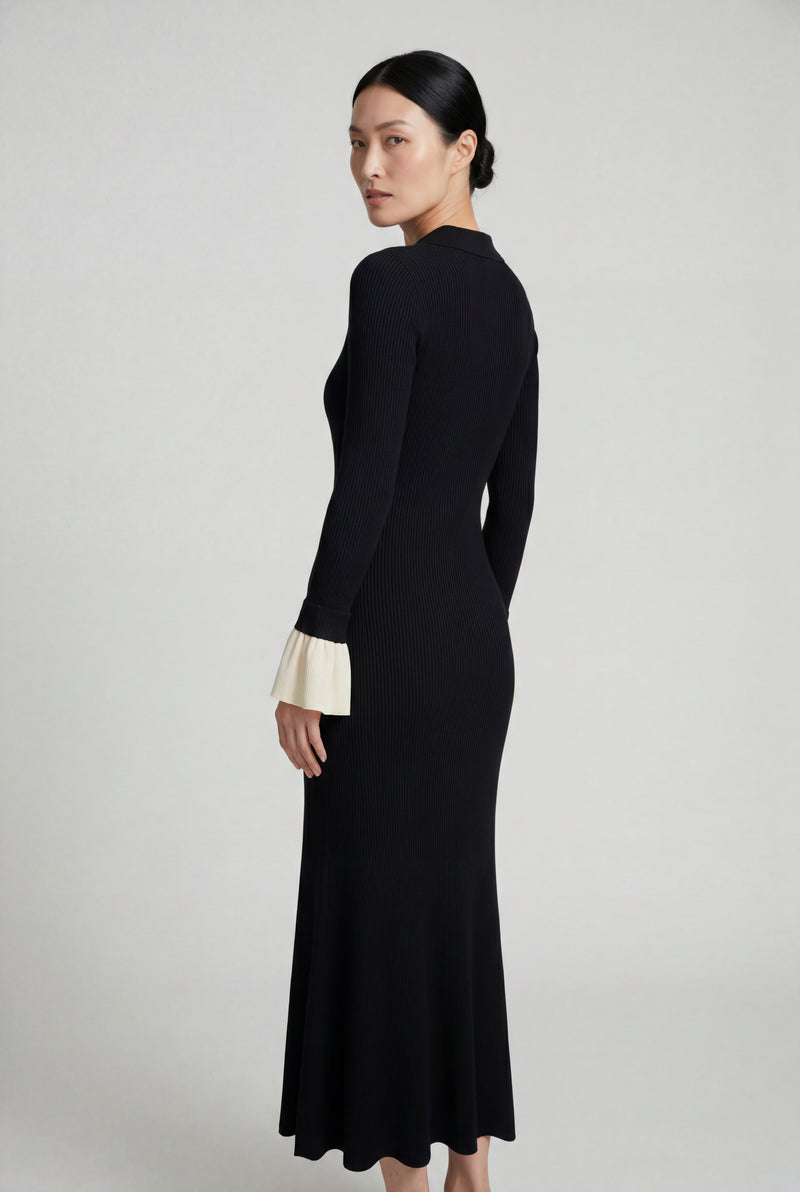 Black Black Ribbed Maxi Dress with Dramatic Contrast Cuffs - Photo 2