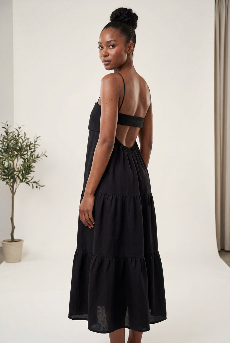 Black Black Tiered Backless Maxi Dress with Spaghetti Straps - Photo 2