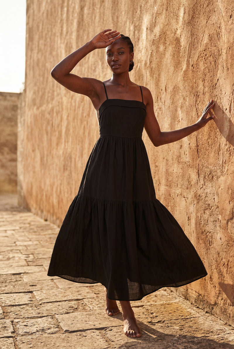 Black Black Tiered Backless Maxi Dress with Spaghetti Straps - Photo 4