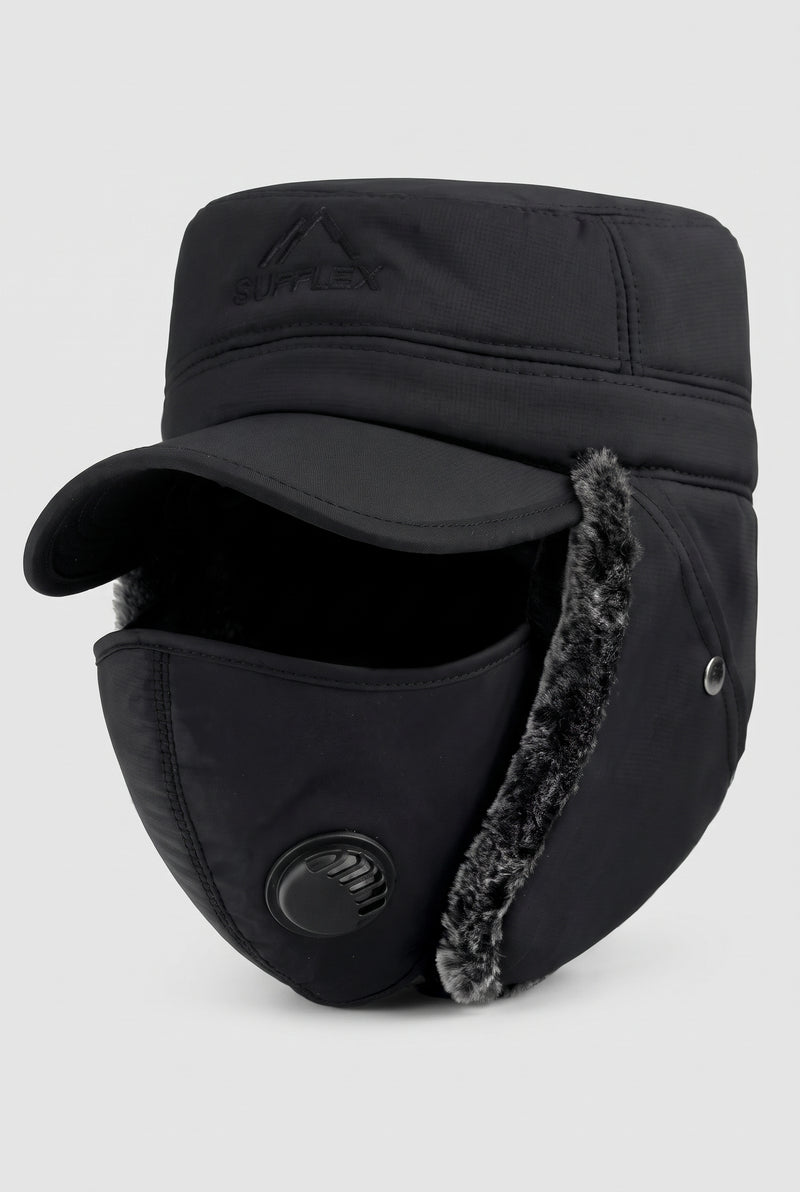 Bomber Hat with Earflaps in Black — studio front