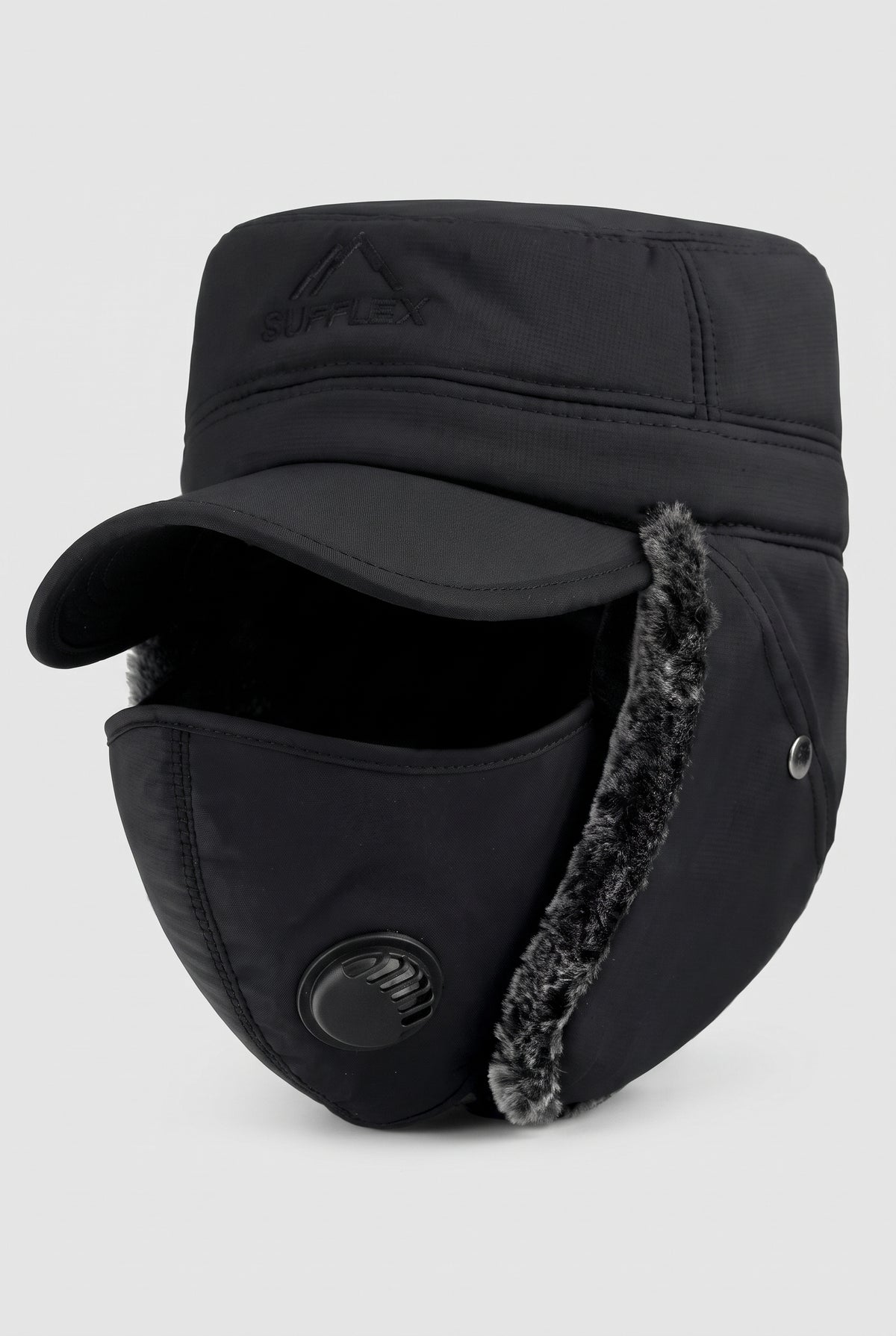 Bomber Hat with Earflaps in Black — studio front
