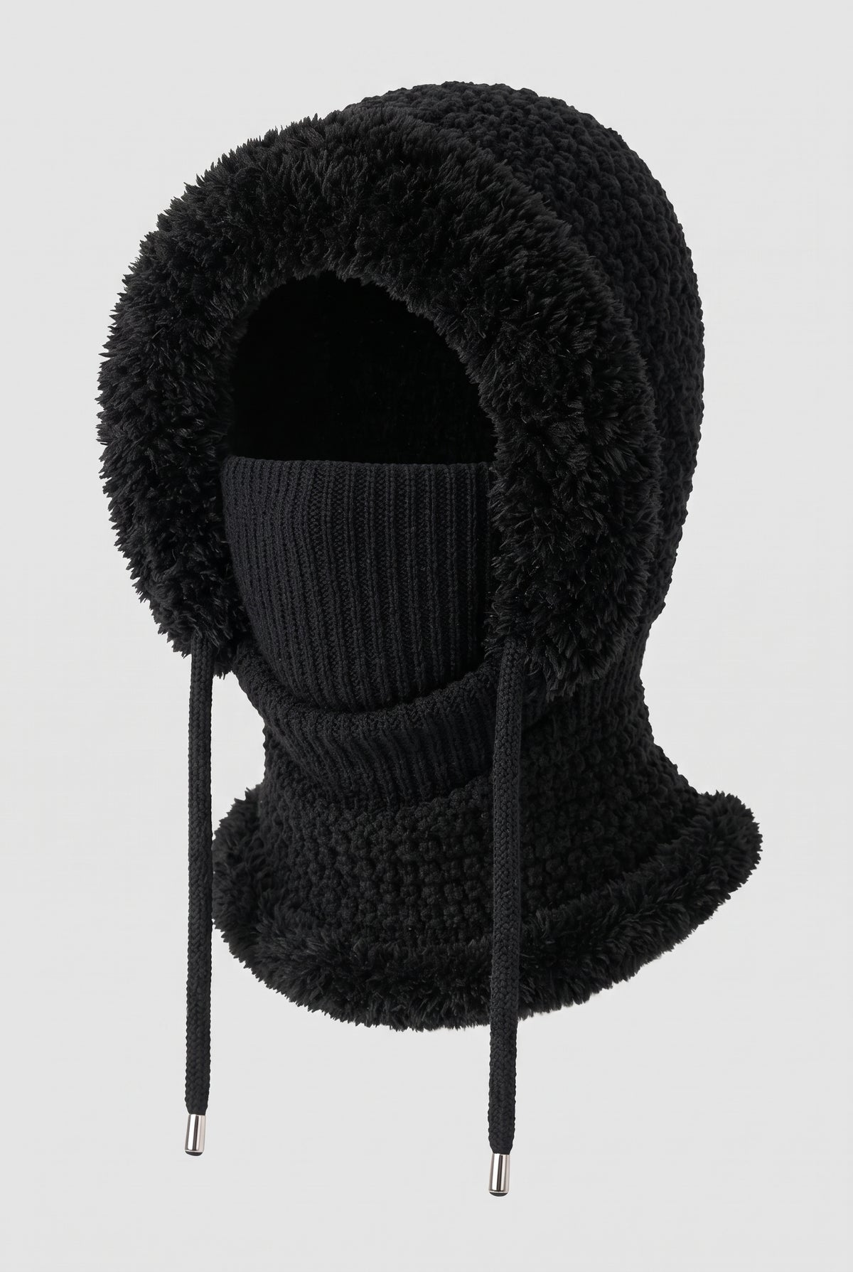 Boucle Knit Hooded Balaclava in Black — studio front