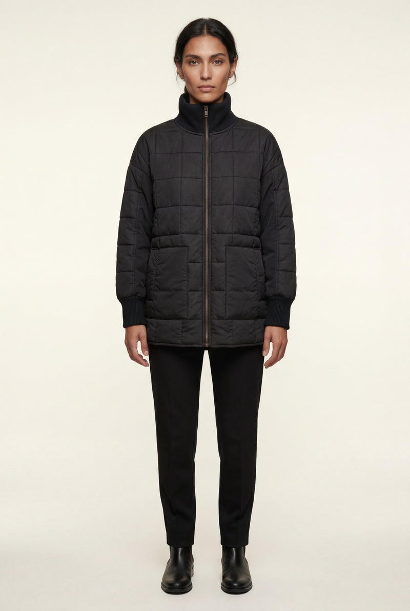 Black Boxy Quilted Zip-front Winter Coat with Stand Collar - Photo 1
