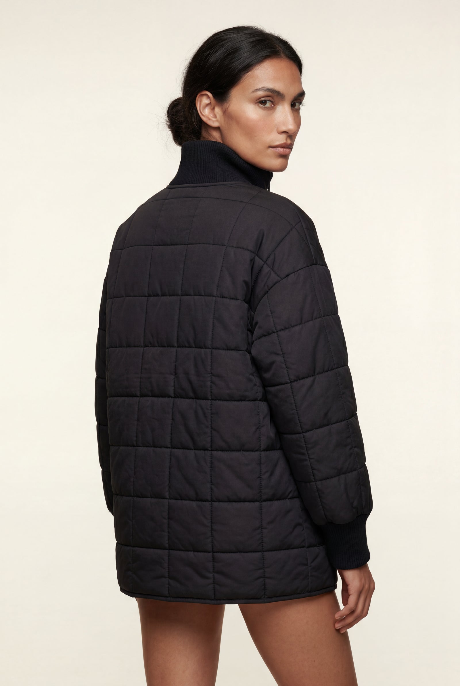 Black Boxy Quilted Zip-front Winter Coat with Stand Collar - Photo 2