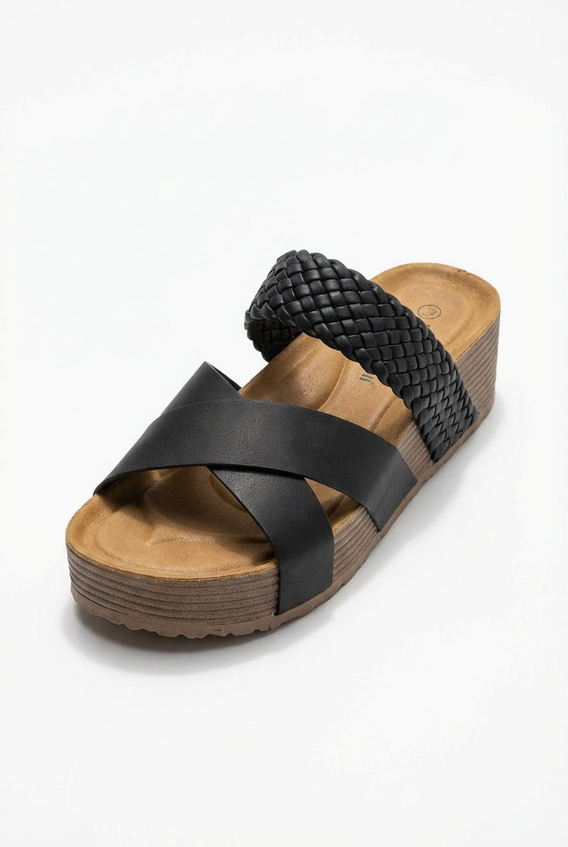 Black Braided Criss Cross Platform Slide Sandals - Platform sandals - Photo 1