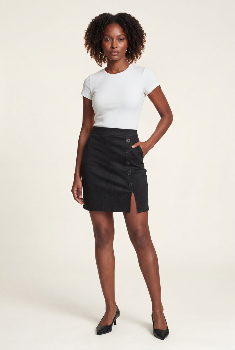 Black Button-front Mini Skirt with Side Slit - Mini skirts - Photo 2