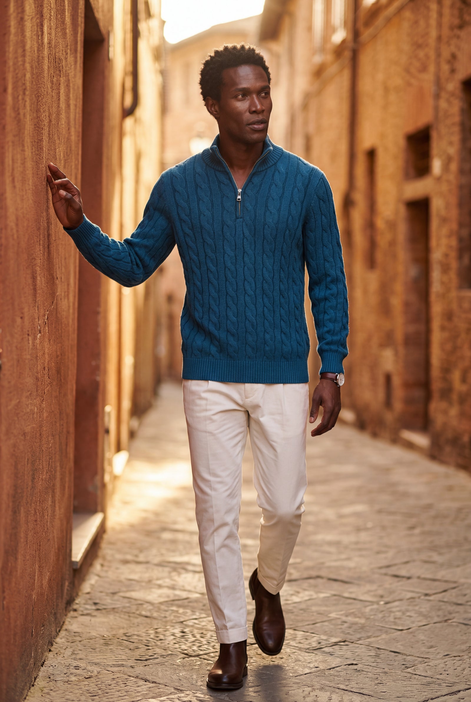 Blue Cable- Half-zip Turtleneck Sweater with Ribbed Hem - Turtleneck sweaters - Photo 9