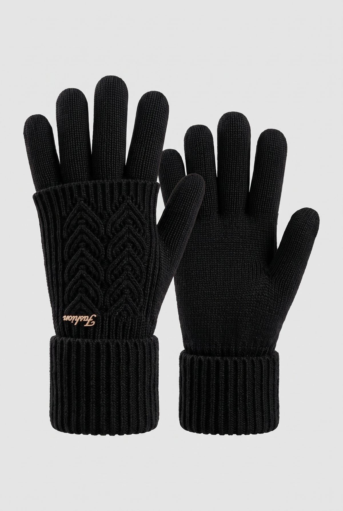 Cable-Knit Gloves with Ribbed Cuffs in Black — studio front