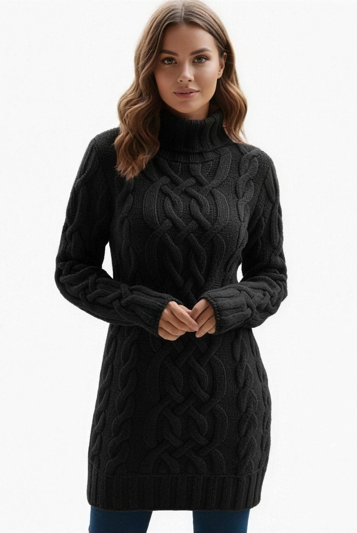 Cable-Knit Turtleneck Dress in Black — front view
