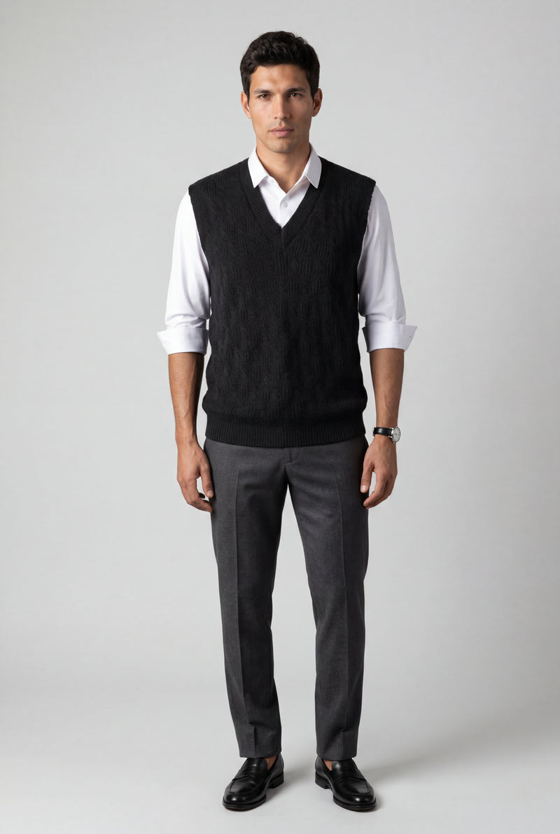Black Cable V-neck Sweater Vest with Ribbed Hem - Vests - Photo 1