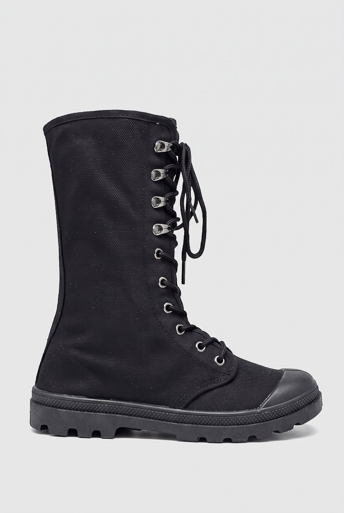 Canvas Lace-Up Mid-Calf Boots in Black — studio angle