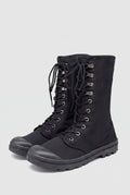 Canvas Lace-Up Mid-Calf Boots in Black — studio front