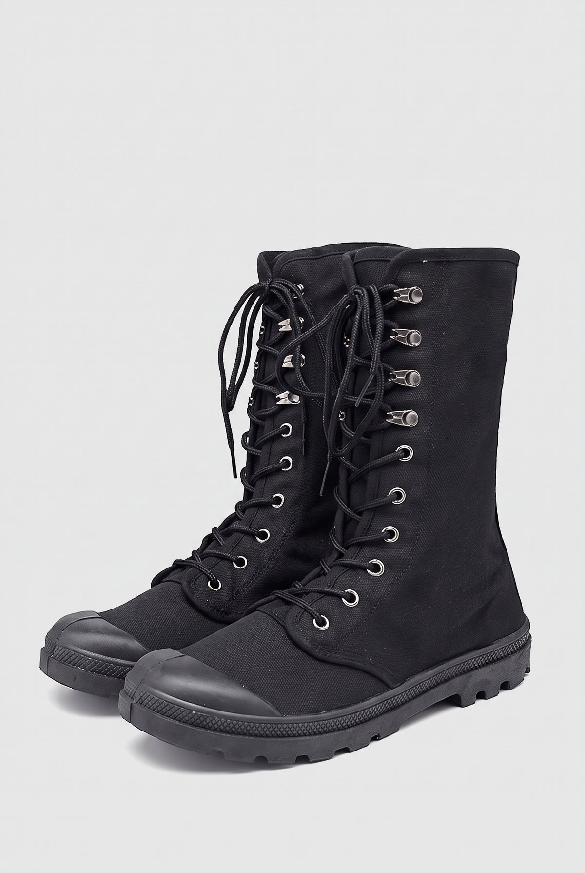 Canvas Lace-Up Mid-Calf Boots in Black — studio front