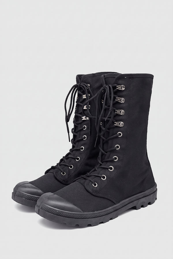 Canvas Lace-Up Mid-Calf Boots in Black — studio front